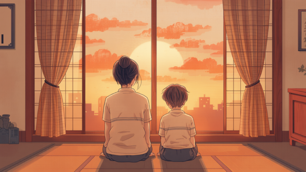 中学生の子と母親が夕暮れの窓辺で並んで座るやわらかい水彩イラスト