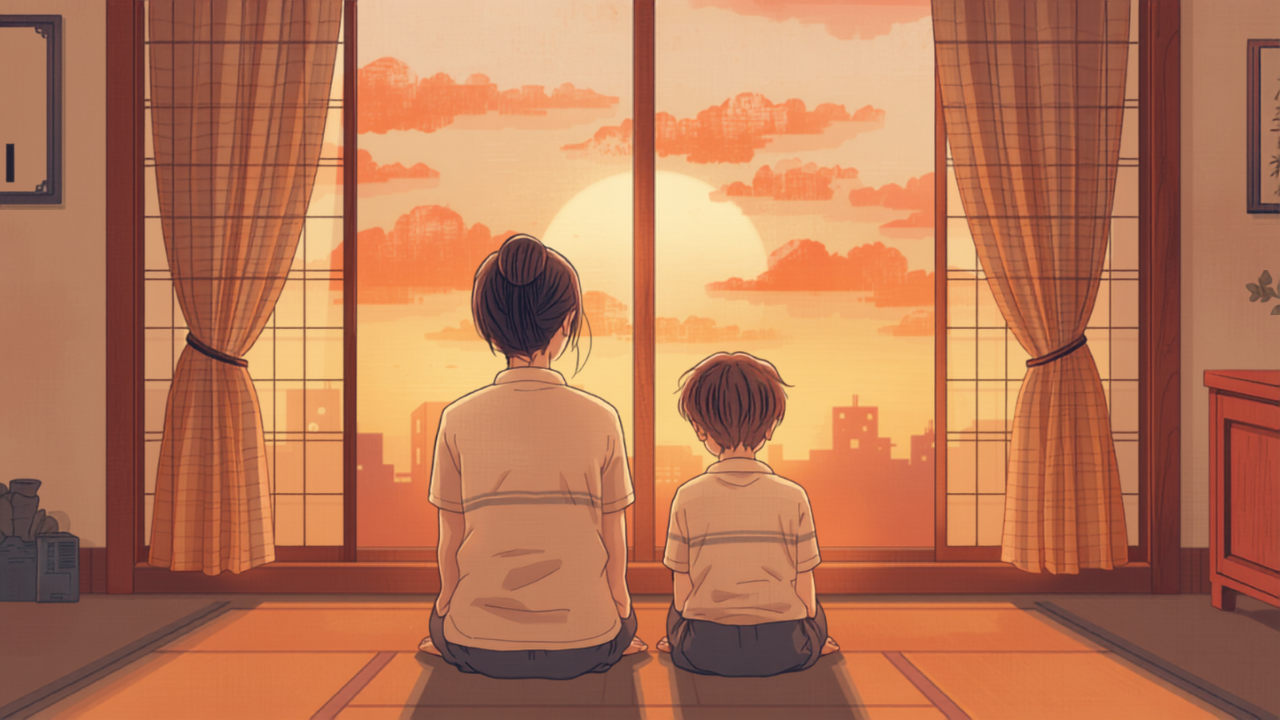中学生の子と母親が夕暮れの窓辺で並んで座るやわらかい水彩イラスト