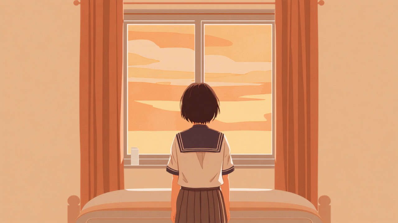 制服姿の中学生が自室の窓辺で静かに物思いにふけるイラスト