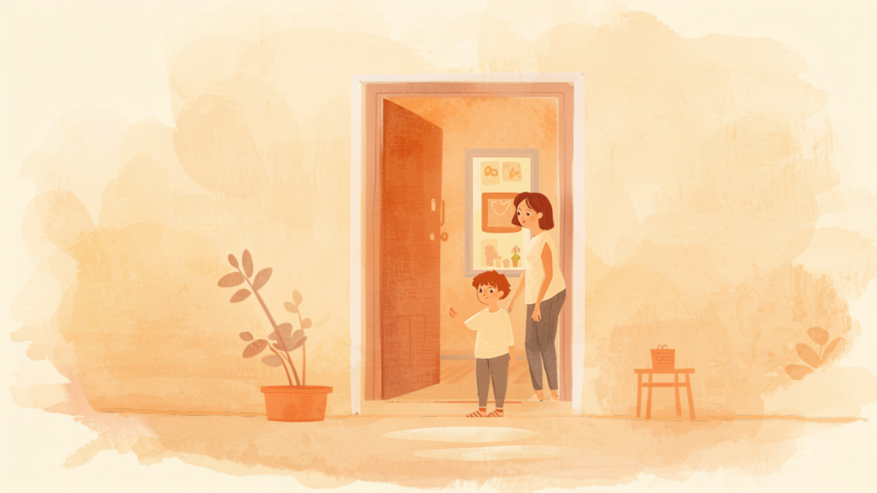 玄関で帰宅した子どもをやさしく迎える母親の水彩イラスト