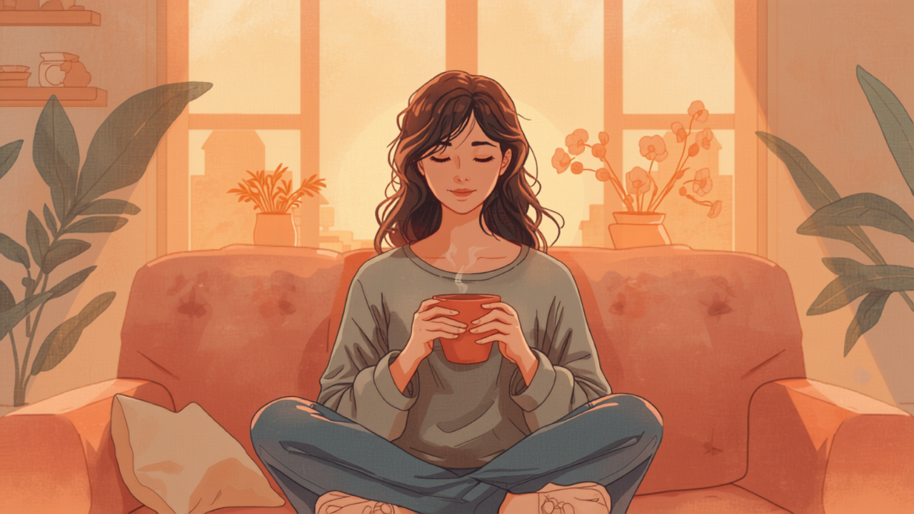 母親が温かい飲み物を手に一息ついてリラックスするイラスト