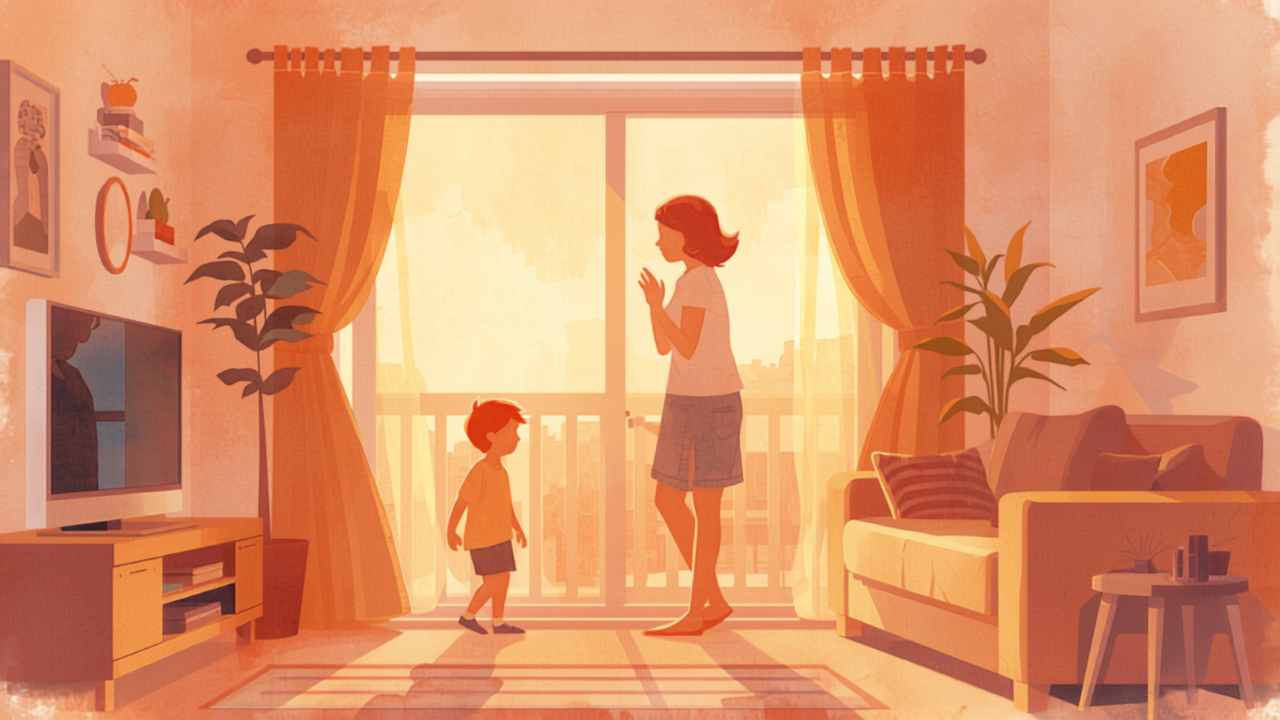 夕暮れのリビングで思春期の子どもをやさしく見守る母親のイラスト