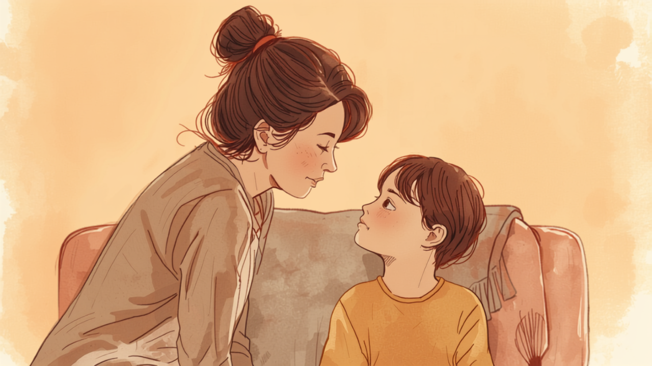 子どもと目線を合わせて穏やかに語りかける母親のイラスト