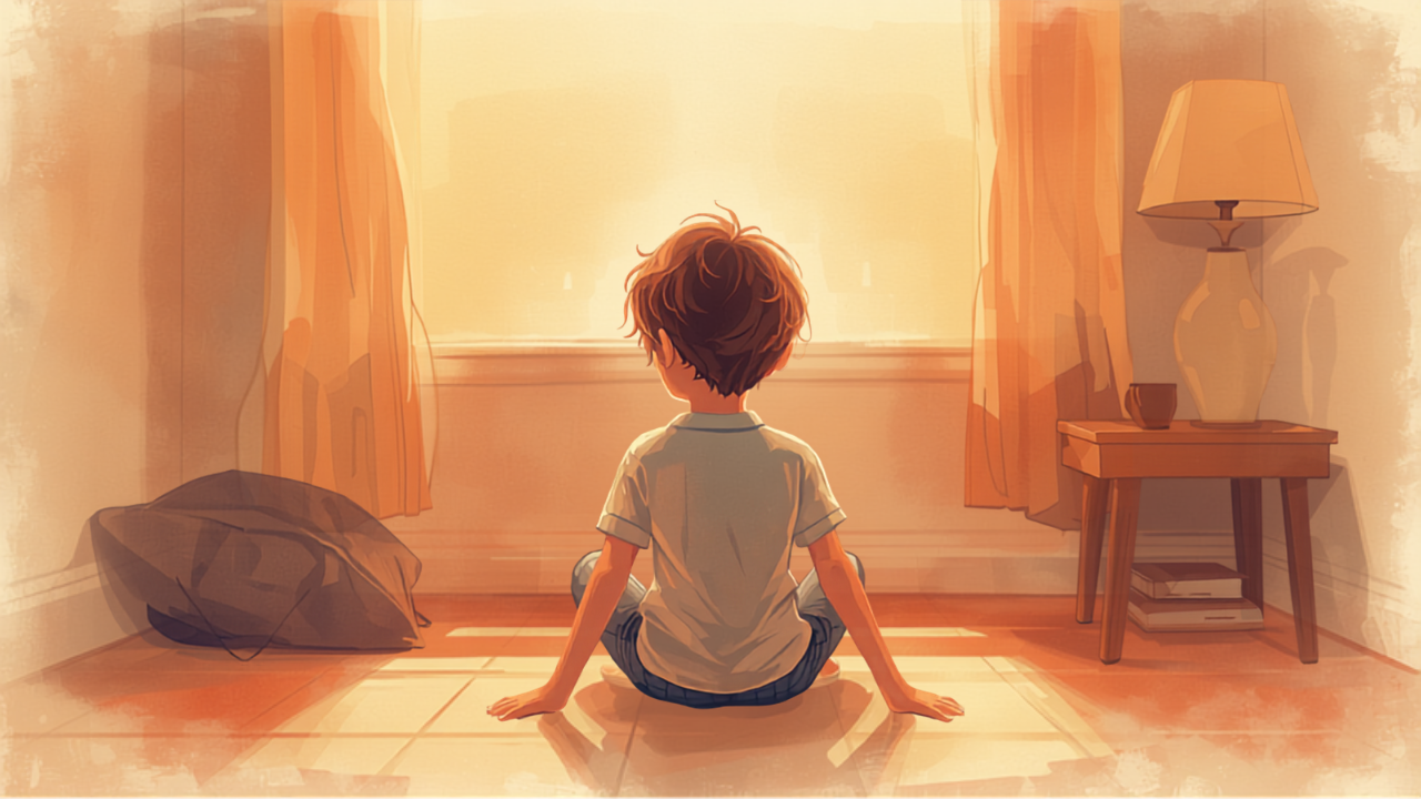 窓辺で背を向けて座り、気持ちを抱える思春期の子どものイラスト