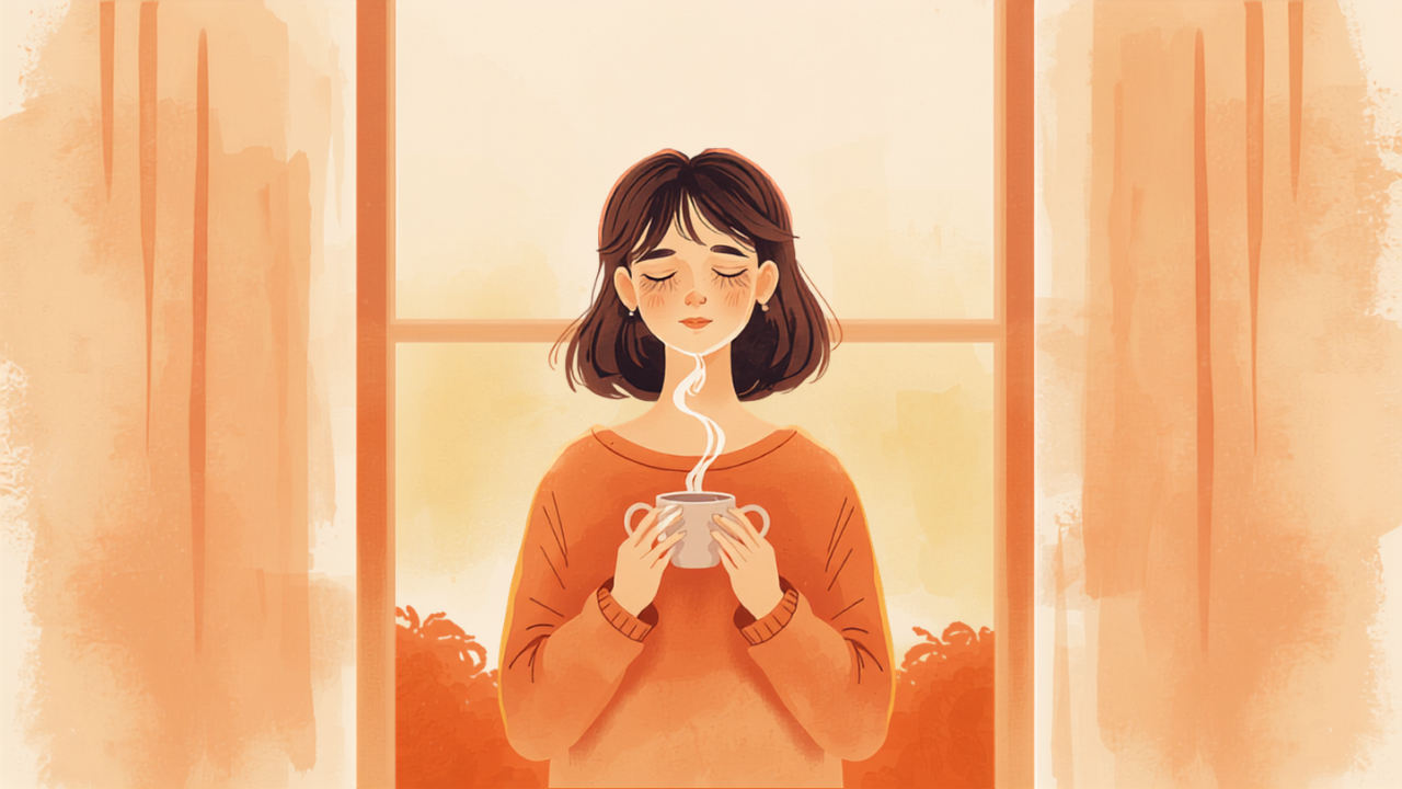 窓辺で温かいお茶を飲んで一息つく母親のイラスト