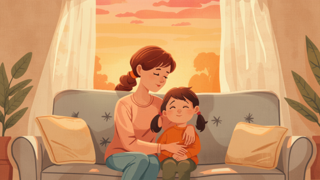 夕暮れのリビングで思春期の子どもと母親が穏やかに寄り添う水彩イラスト