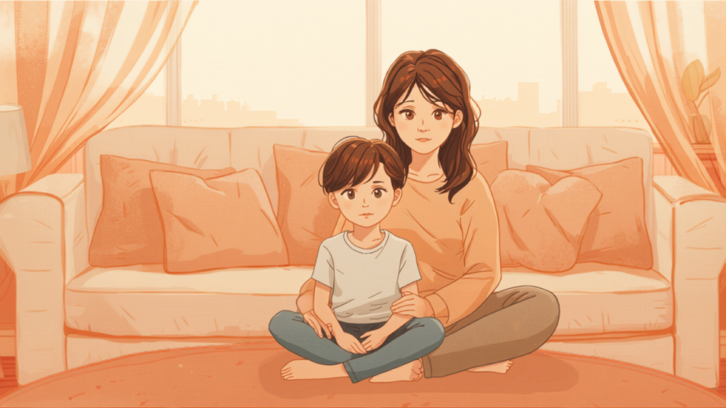 反抗期がない子と穏やかに過ごす母親のやわらかいイラスト