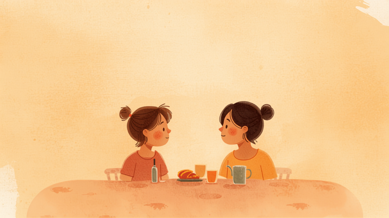 食卓で穏やかに会話する親子のイラスト