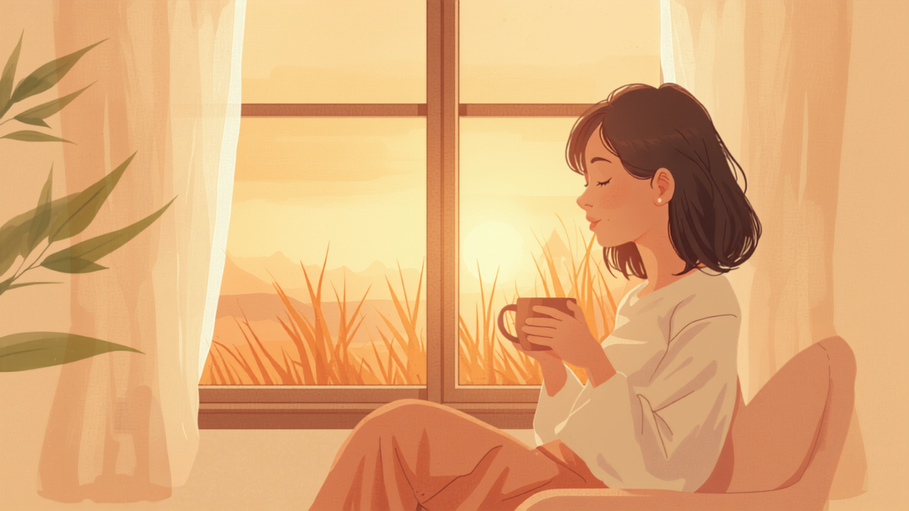 窓辺でお茶を飲みほっと一息つく母親のイラスト