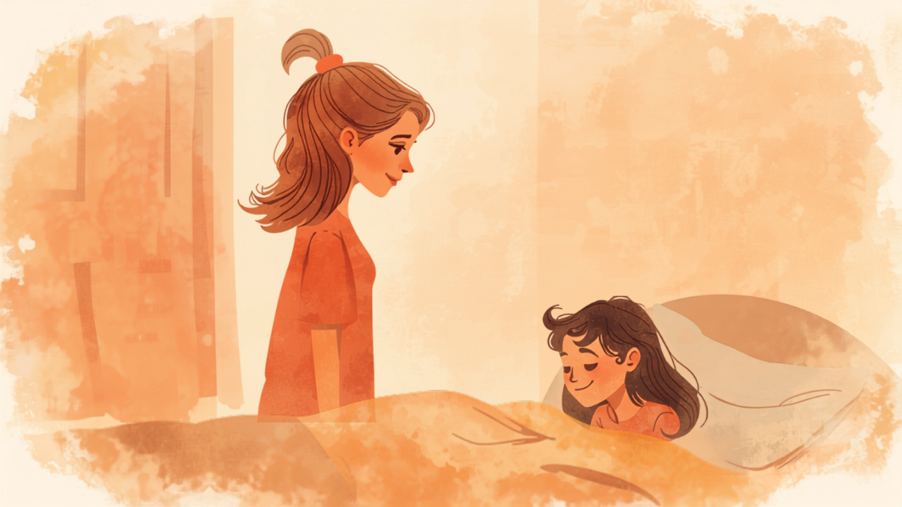子どもをそっと見守る母親のイラスト