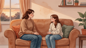 夕暮れのリビングでソファに並んで穏やかに向き合う母と思春期の娘のイラスト