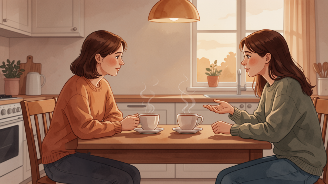 キッチンで温かい飲み物を前に、娘の話に穏やかに耳を傾ける母親のイラスト