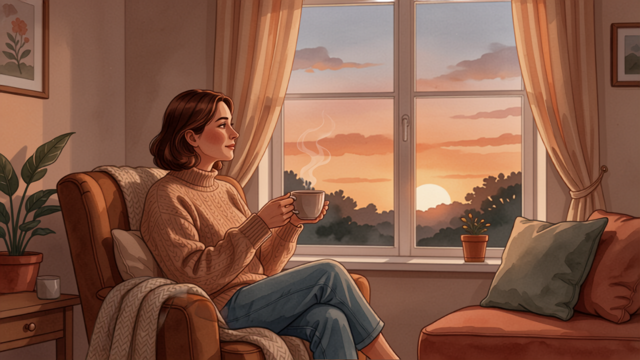 夕暮れの窓辺で温かいお茶を手に、ひと息ついて自分をいたわる母親のイラスト