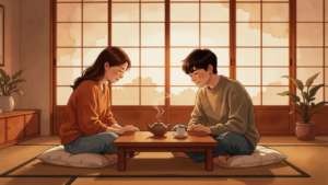 夕暮れの和室で親子がお茶を囲んで穏やかに過ごすイラスト
