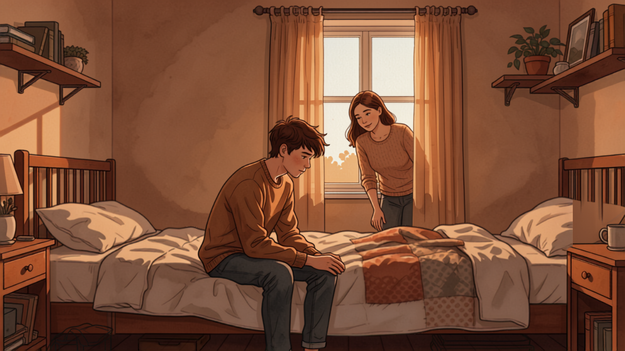 自分の部屋で考え込む男の子と、ドア越しにそっと見守る母親のイラスト