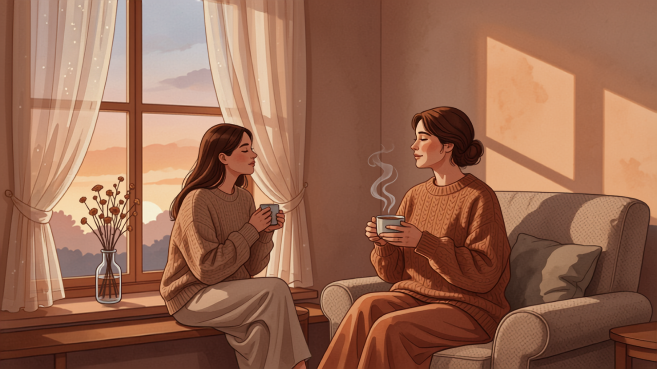 窓辺で温かいお茶を手に、ほっと一息つく母親のイラスト
