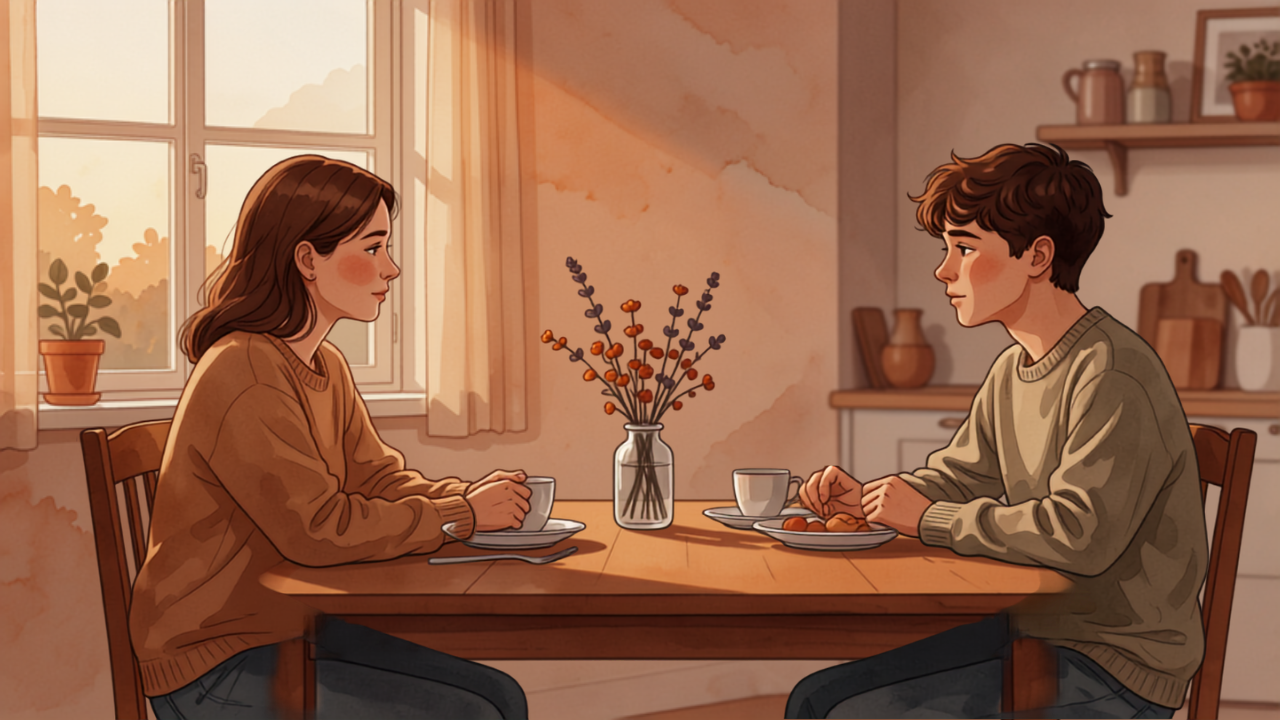 食卓で少し距離を保ちながら穏やかに向き合う母親と息子のイラスト
