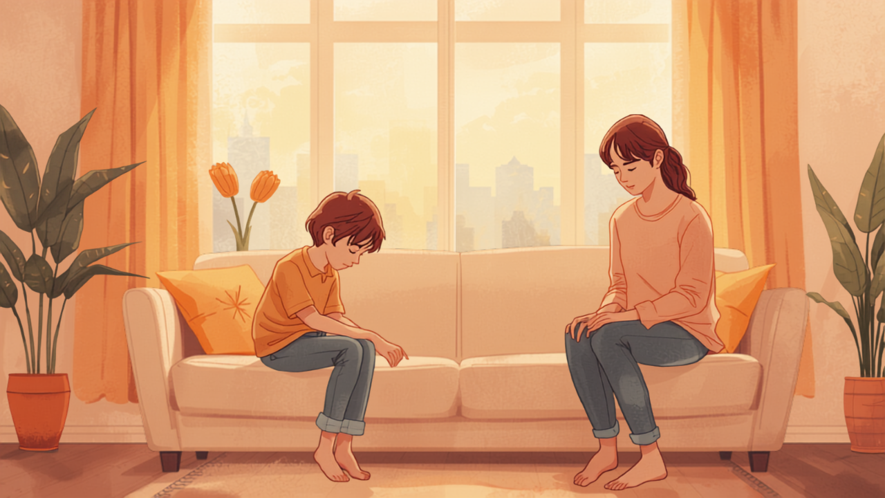 夕暮れのリビングでソファに座る思春期の子どもと見守る母親のイラスト