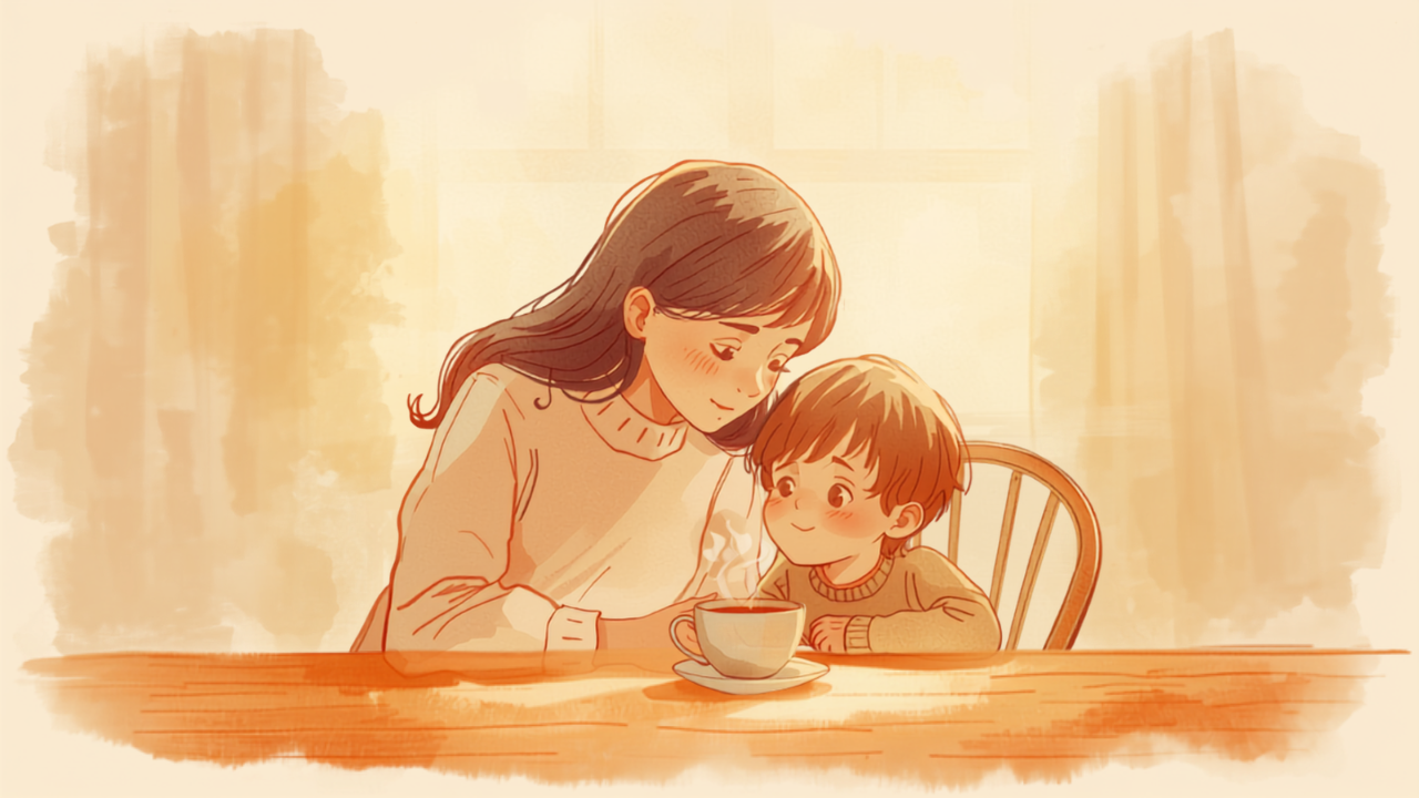 キッチンで子どもにやさしく声をかける母親のイラスト