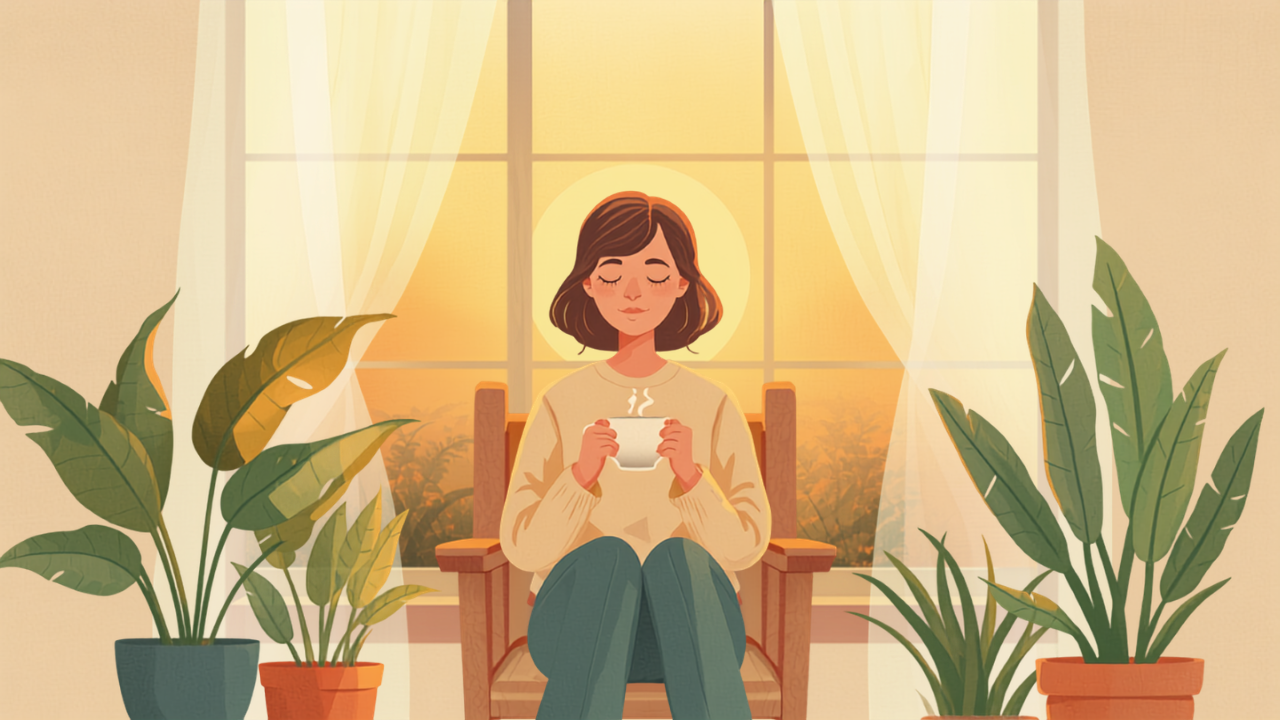 窓辺の椅子でお茶を手にひと息つく母親のイラスト