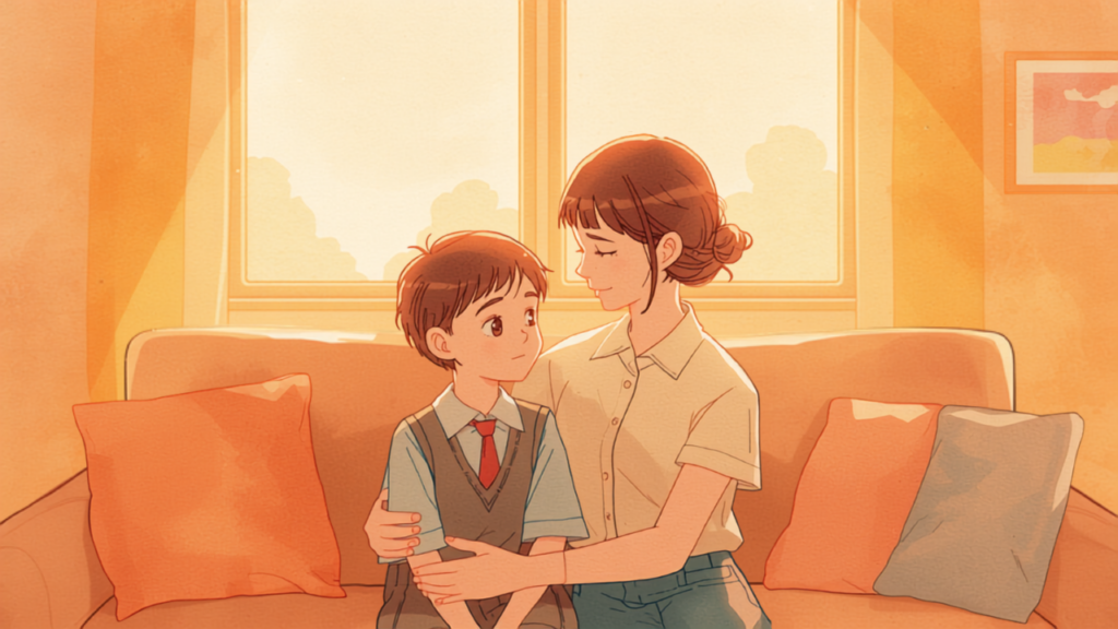 夕暮れのリビングで高校生の子どもと母親がおだやかに寄り添う水彩イラスト