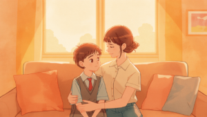 夕暮れのリビングで高校生の子どもと母親がおだやかに寄り添う水彩イラスト