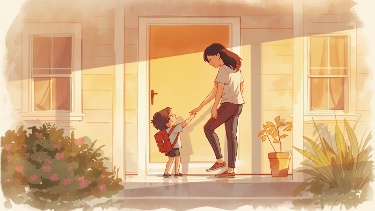 玄関先で出かける子どもに母親がやさしく声をかけるイラスト