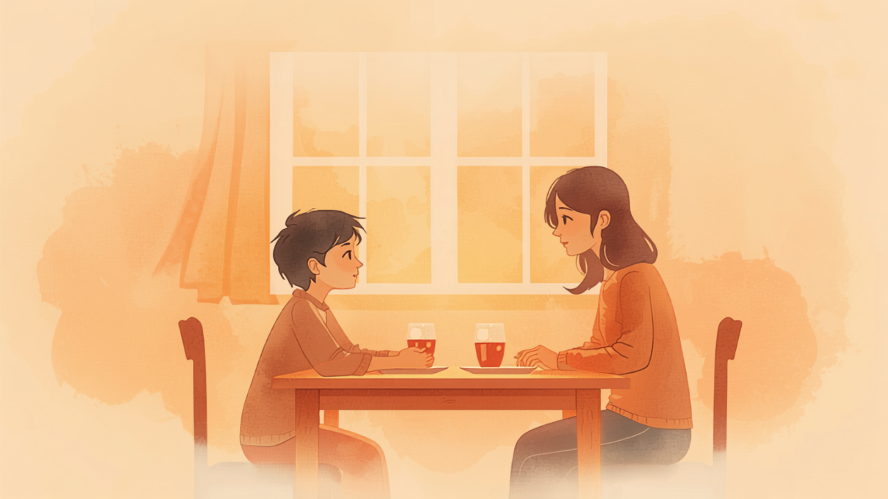 食卓で母親と高校生の子どもがおだやかに会話するイラスト