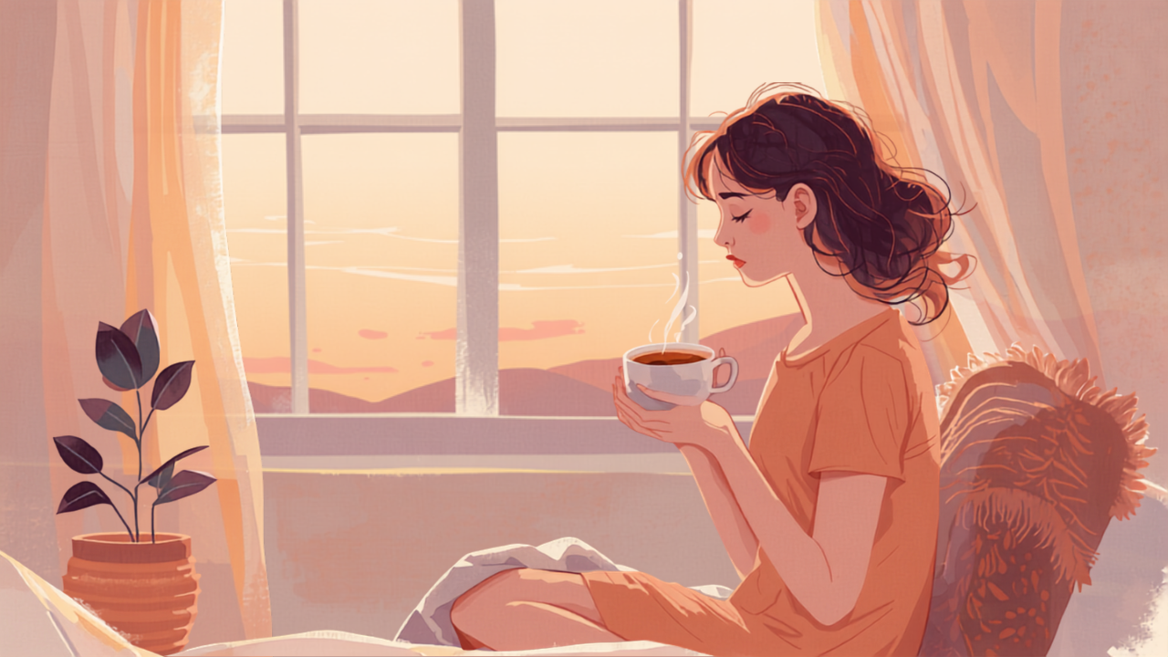 窓辺で温かい飲み物を手にほっと一息つく母親の水彩イラスト