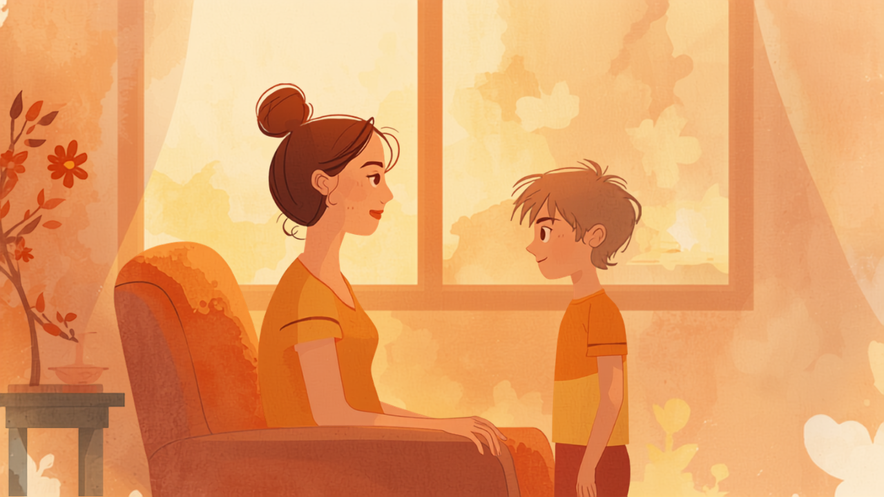 子どもの話にじっと耳を傾ける母親のイラスト