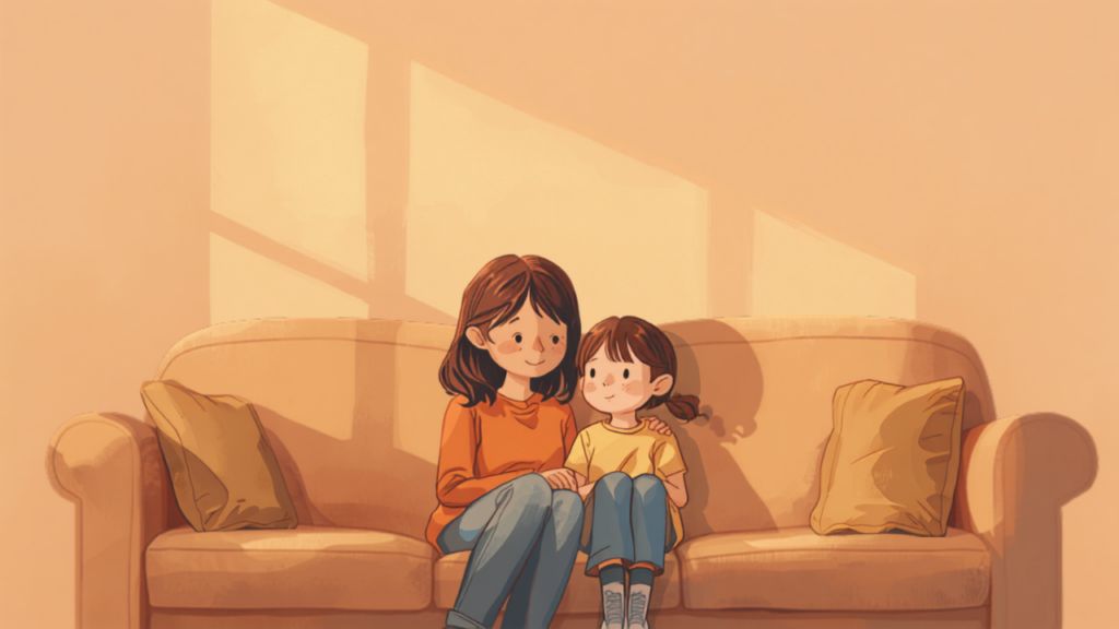 ソファでやさしく寄り添う母親と子どものイラスト