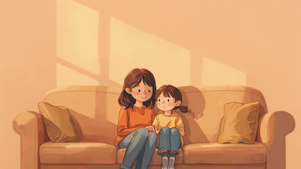 ソファでやさしく寄り添う母親と子どものイラスト