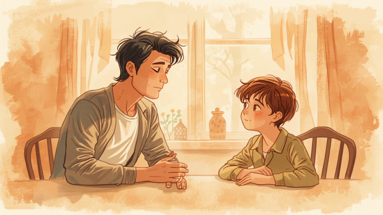 食卓で子どもとおだやかに向き合って話す親のイラスト