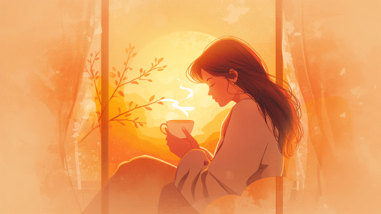 窓辺で温かいお茶を飲んでひと息つく母親のイラスト
