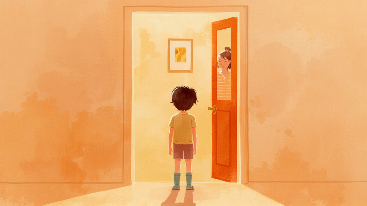 玄関先で中学生の子どもと母親がすれ違う日常のイラスト