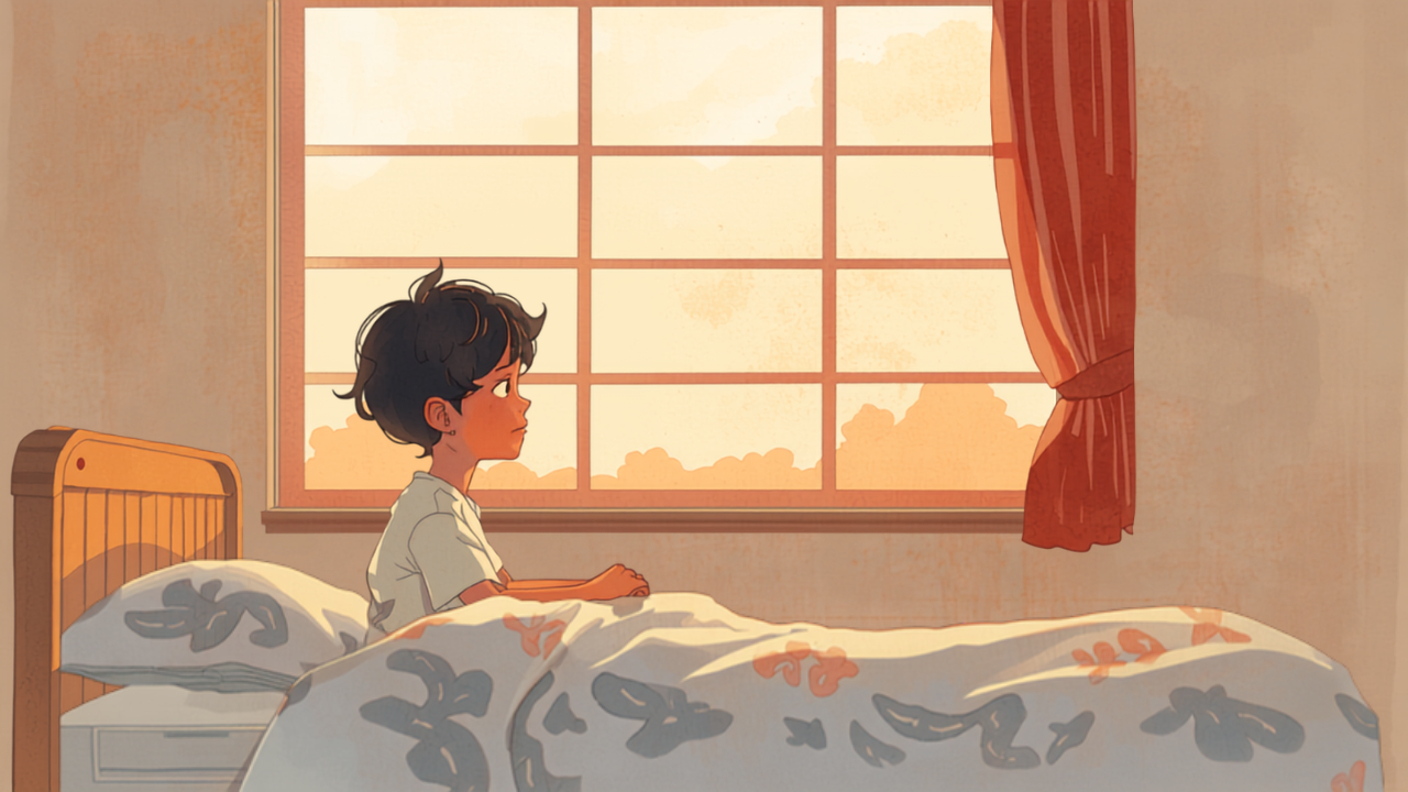 夕暮れの自室で窓の外を見つめる思春期の子どもの水彩イラスト