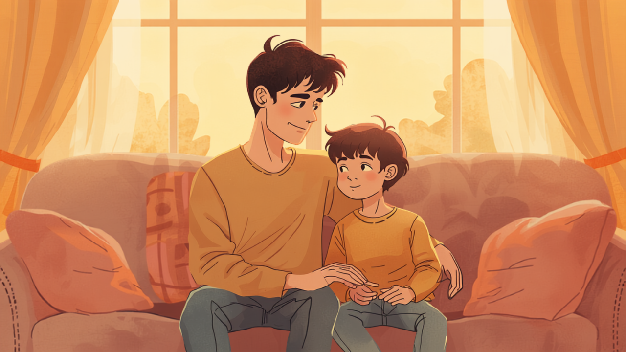 ソファで並んで穏やかに会話する親子のイラスト