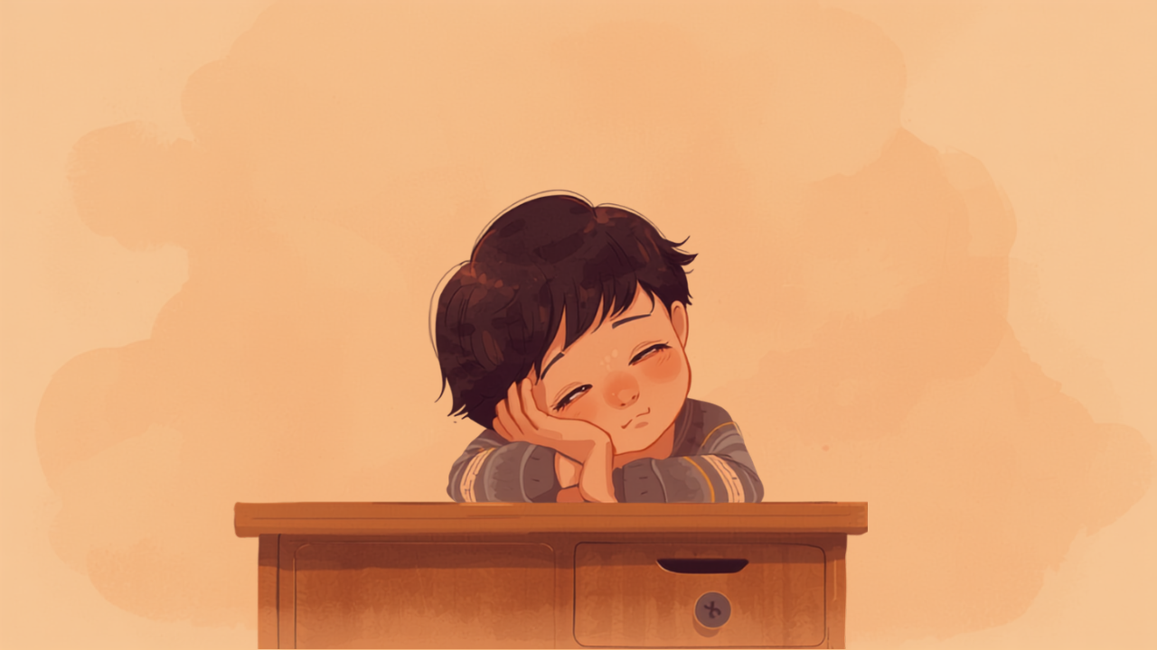 机に頬杖をついてやる気の出ない思春期の子どものイラスト