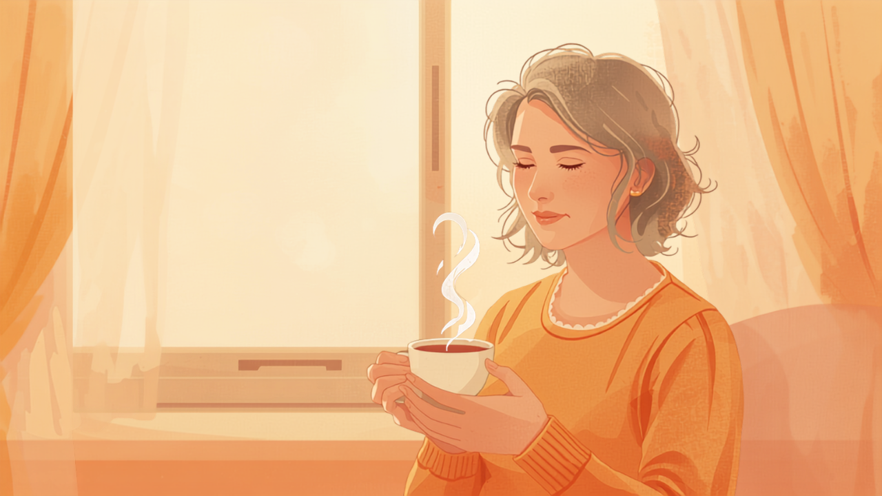 窓辺で温かいお茶を飲んでひと息つく母親のイラスト