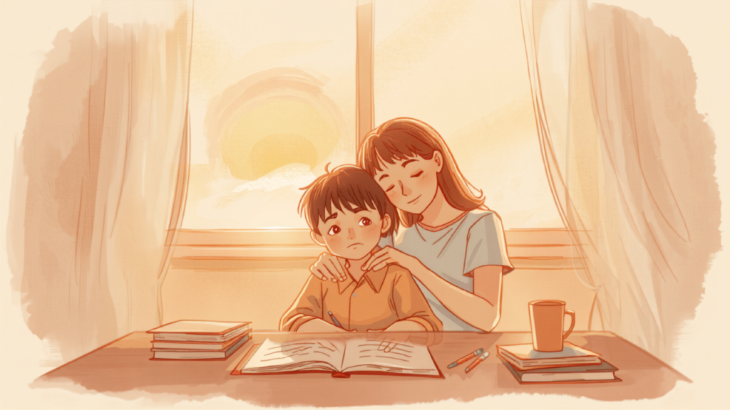 勉強机に向かう思春期の子どもをやさしく見守る母親のイラスト