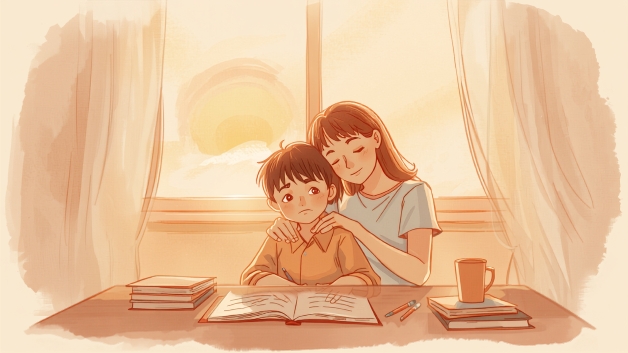 勉強机に向かう思春期の子どもをやさしく見守る母親のイラスト