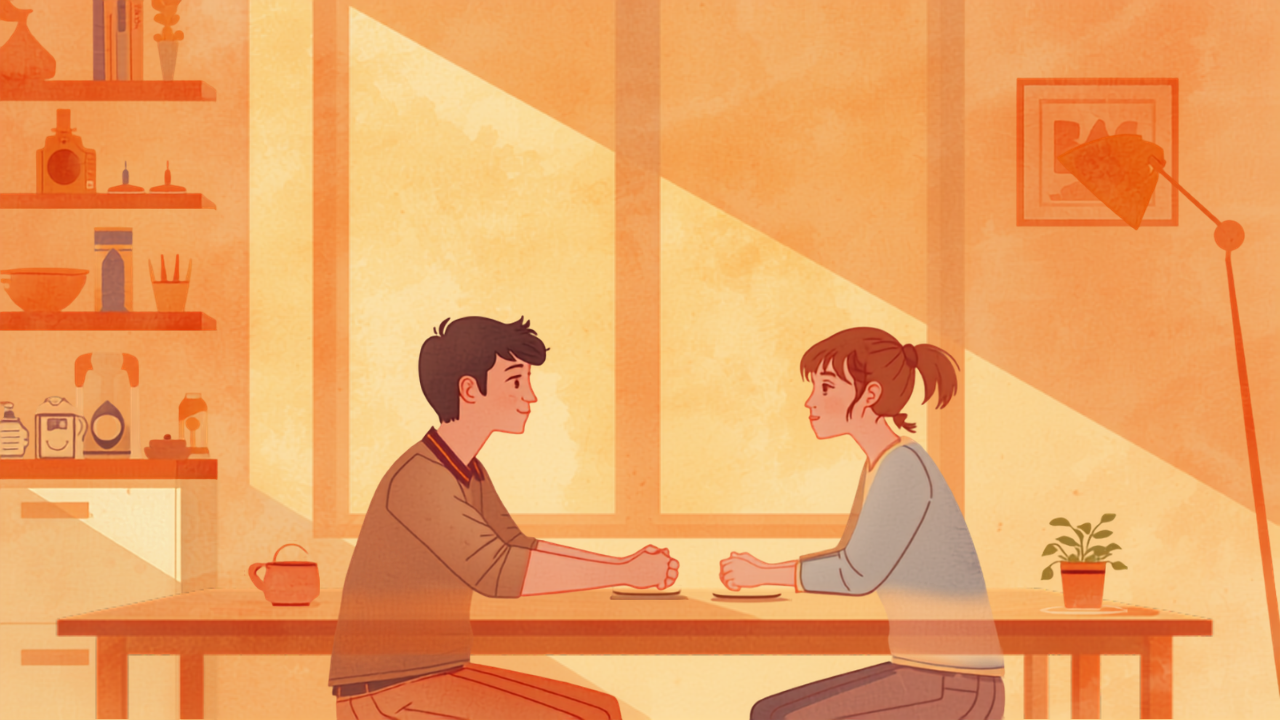 食卓で子どもの話にじっと耳を傾ける父親のイラスト