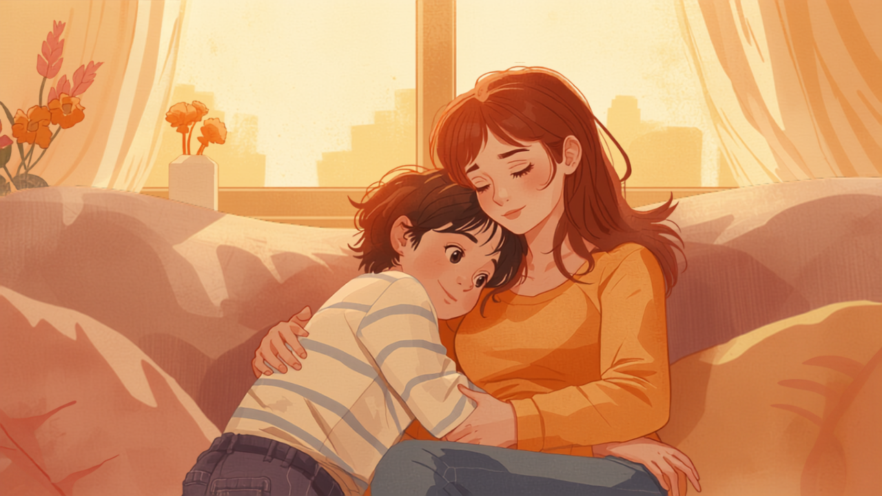 反抗期の子どもが母親に甘えて寄り添う夕暮れのイラスト
