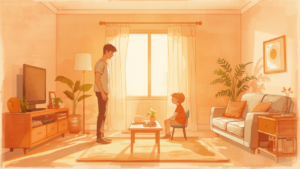 夕暮れの居間で思春期の子どもと向き合う父親のイラスト