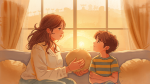 夕暮れのリビングで思春期の子どもにやさしく笑いかける母親のイラスト