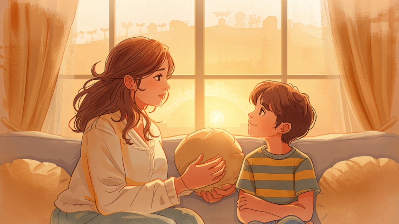 夕暮れのリビングで思春期の子どもにやさしく笑いかける母親のイラスト