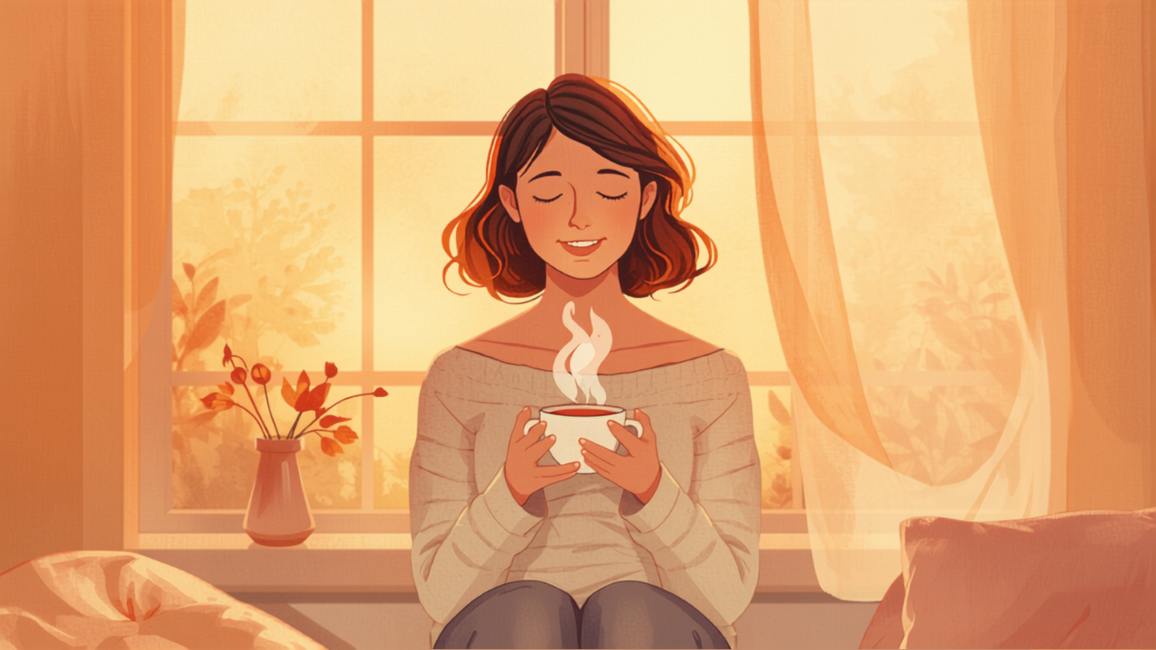 窓辺であたたかいお茶を手にほほえむ母親のイラスト