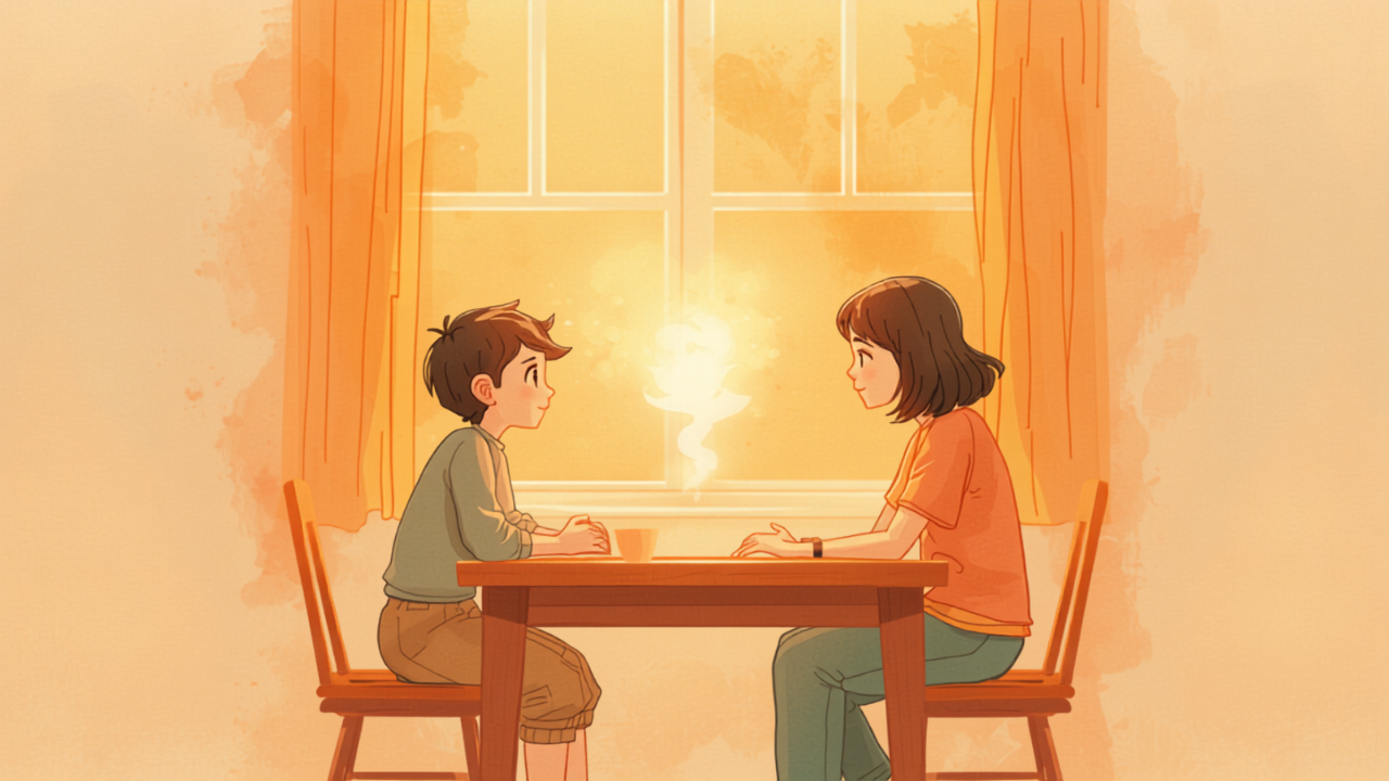 食卓で向かい合って穏やかに過ごす母親と思春期の子どものイラスト