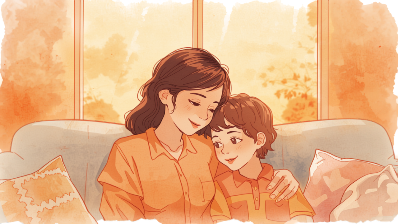 子どもの肩にそっと手を置きあたたかい言葉をかける母親のイラスト