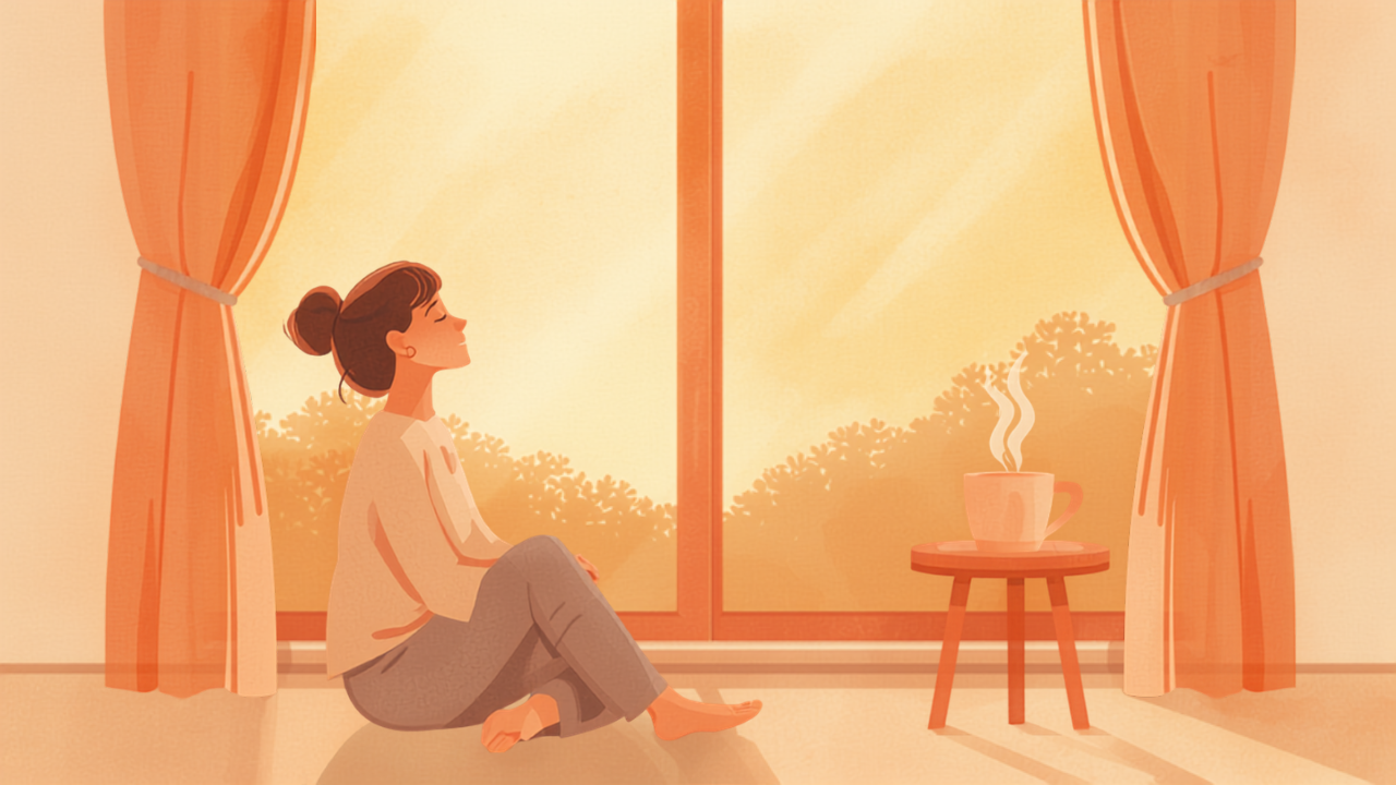 夕暮れの窓辺で自分の気持ちを整える母親のイラスト